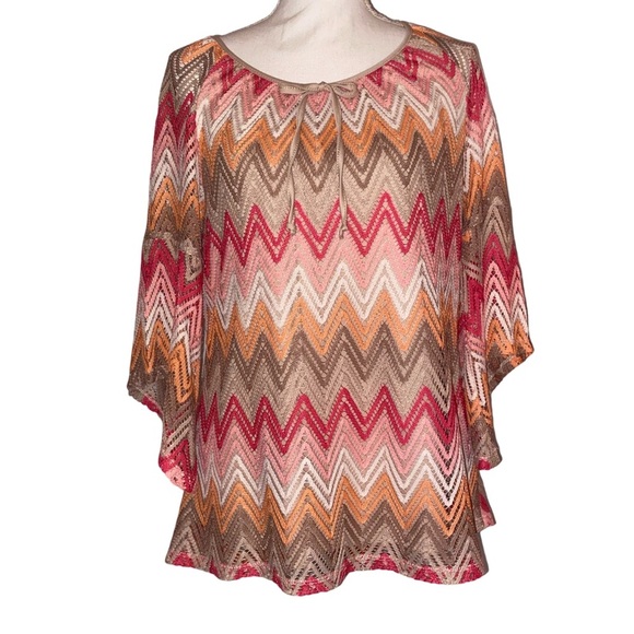 Tacera Brand Lined Chevron Patterned Lace Blouse with 3/4 Bell Sleeves MLT SZ LG - Picture 1 of 5